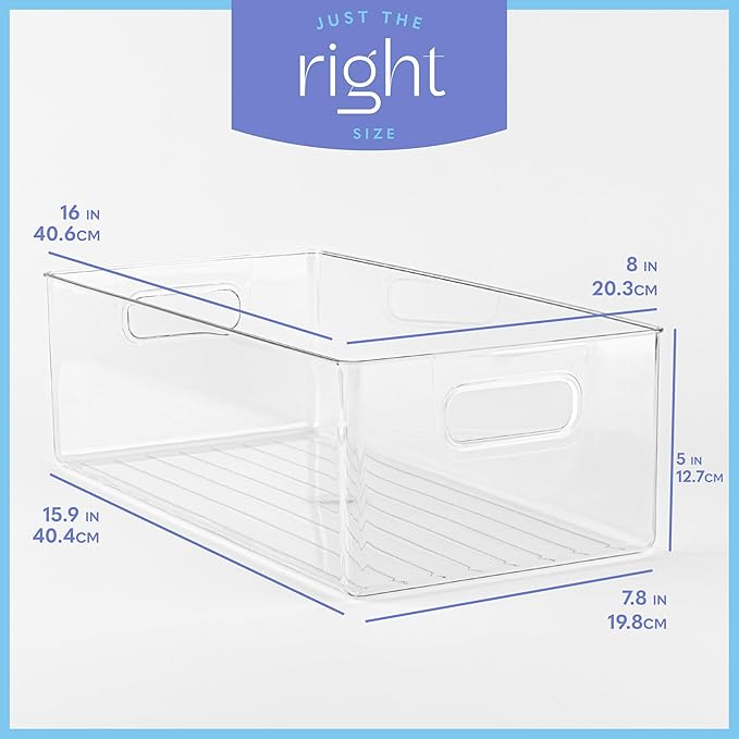 Plastic Food Storage 6 Pack Clear Container Bin with Handles for Organizing Kitchen, Pantry, Refrigerator, Freezer, Pantry, Cabinet, Closet, Bathroom. 16”x8”x5”