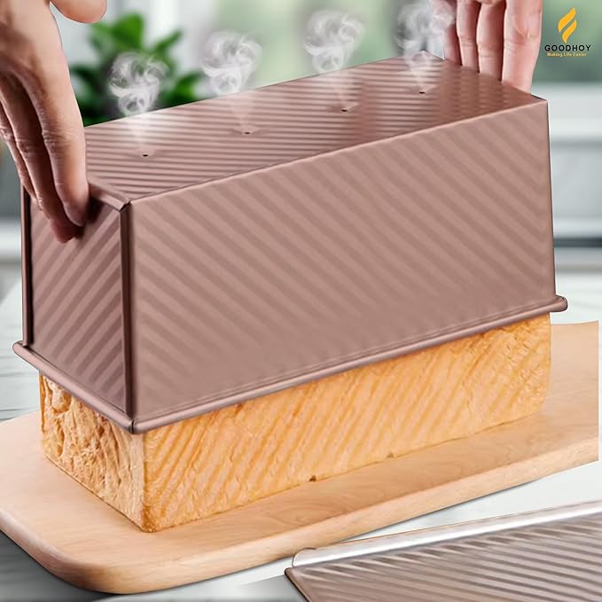 1lb+2lb set Nonstick Pullman Loaf Pan With Lid For Homemade Bread Carbon Steel Sandwich Bread Baking Mold With Sliding Lid Durable Toast Box For Square Loaf Shokupan Soft Milk Bread & Gift Box