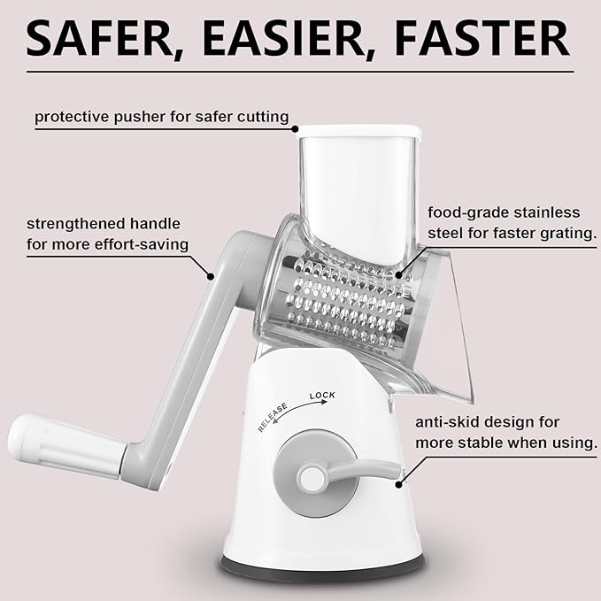 Rotary Cheese Grater, 3 in 1 Cheese Shredder Grater Rotary with Handle, Vegetable Mandoline Slicer Shredder for Vegetable, Cheese, Nut