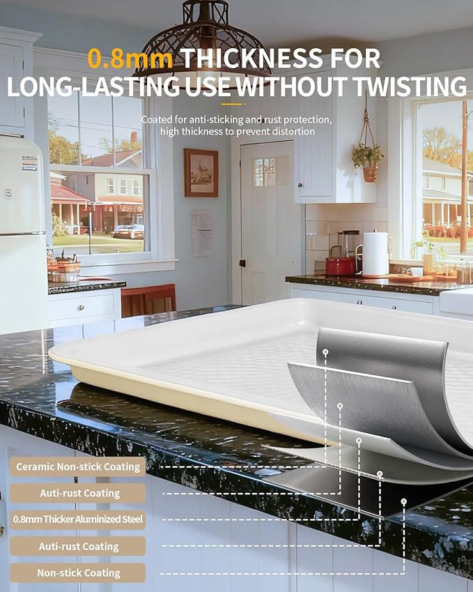 Nonstick Ceramic Baking Sheet With Rack, 3-Pack Half/Jelly Roll/Quarter Sheet Pan, Non-Toxic, PTFE & PFOA Free, Warp-Free, Oven Safe 550°F, Dishwasher Safe, Aluminized Steel, Gray Yellow