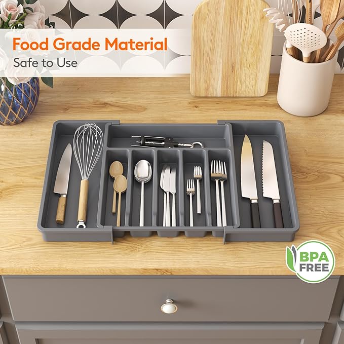 Lifewit Silverware Drawer Organizer, Expandable Utensil Tray for Kitchen, BPA Free Flatware and Cutlery Holder, Adjustable Plastic Storage for Spoons Forks Knives, Large, Dark Gray