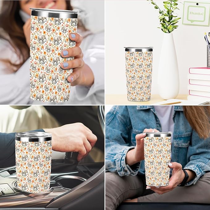 Cute Elephants Tumbler, Elephant Decor 20 oz Stainless Steel Coffee Mug，Travel Cup，Insulated Cup with Lid for Car, Elephant Gifts for Women Girls Animal Lovers Birthday Christmas Thanksgiving