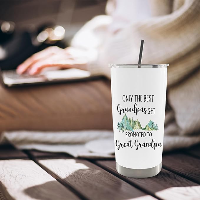 QASHWEY Great Grandpa Gifts Coffee Tumbler - GreatGrandpa Gifts, Fathers Day Travel Tumbler Mug Gift for GreatGrandpa, Promoted to Great Grandpa Stainless Steel Tumblers with Straw and Lid 20 oz
