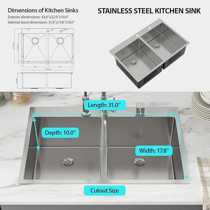 33 Inch Double Bowl Kichen Sink - Funmier 33" x 22" Drop In Stainless Steel Double Bowl Kitchen Sink 50/50 16 Gauge Handmade Deep Basin