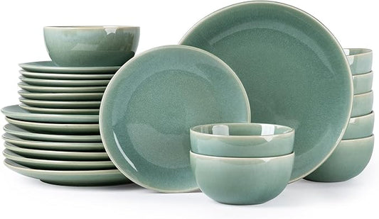GBHOME Ceramic Dinnerware Sets for 8, 24 Pieces Stoneware Plates and Bowls Sets, Reactive Glaze Dish set -Scratch Resistant, Dishwasher&Microwave Safe-Malachite Green