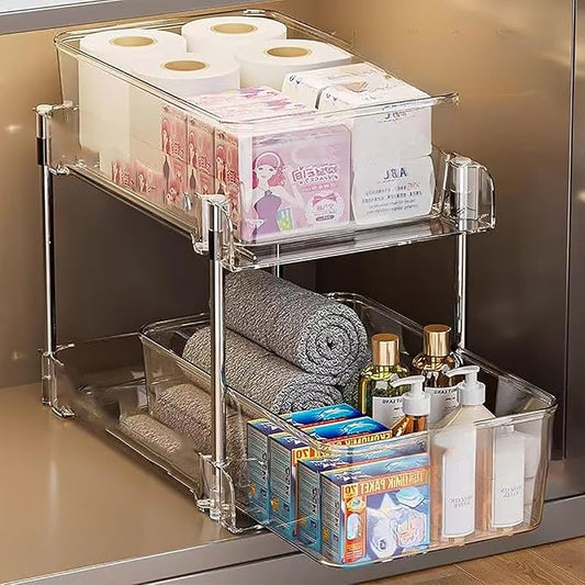 Clear Under Sink Organizers, Pull Out Cabinet Organizer,2 Tier Bathroom Storage Organizer,Cabinet Drawers Organization Bins with Track for Kitchen,Pantry,Fridge,Vanity