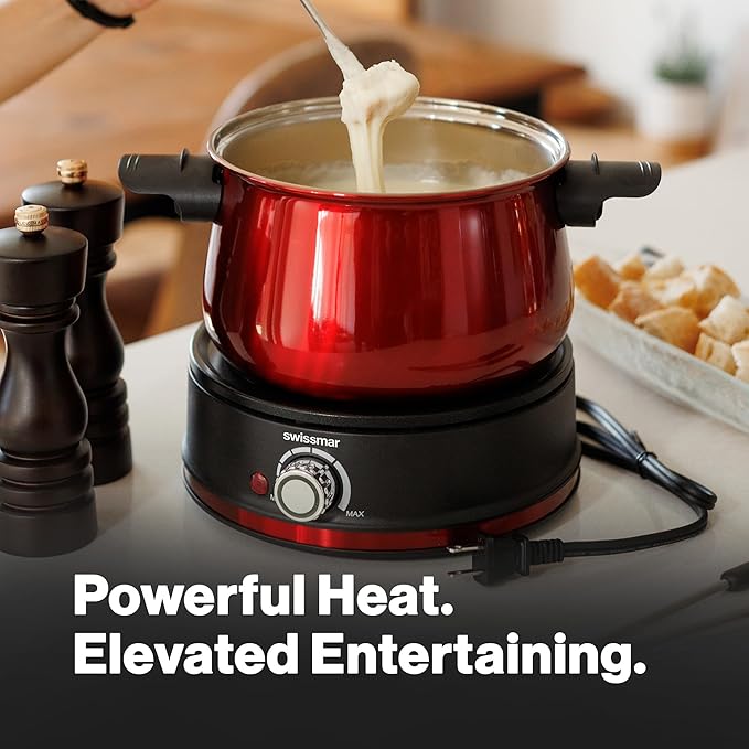Swissmar Arolla 10 Pieces Stainless Steel Electric Fondue Set - Perfect Fondue Pot Electric Set for Cheese, Chocolate, Oil, Broth & More - Gift Ideas for Wedding, House Warming, Red, 2.1 Qt / 2L