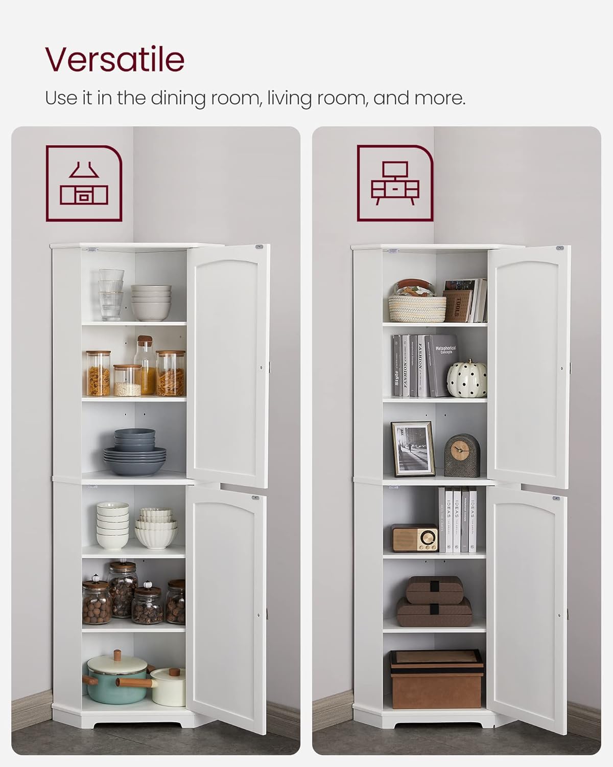 VASAGLE Corner Cabinet, Tall Corner Storage Cabinet with 2 Doors and 4 Adjustable Shelves, for Bathroom Kitchen Living Room, Modern Farmhouse Design, White UBBC541P31