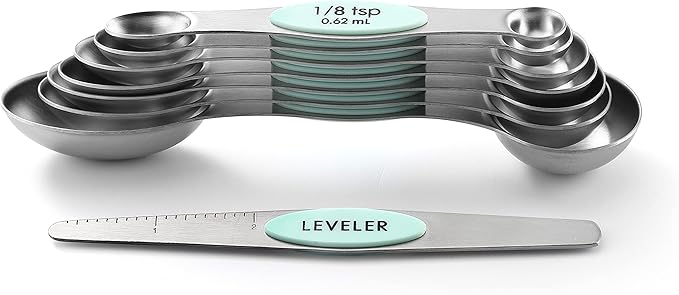 Spring Chef Stainless Steel Magnetic Measuring Spoons Set of 8 with Leveler, Metal Teaspoon & Tablespoon Measuring Spoons, Fits in Spice Jars, Kitchen Gadgets for Baking & Cooking - Set of 2 - Mint