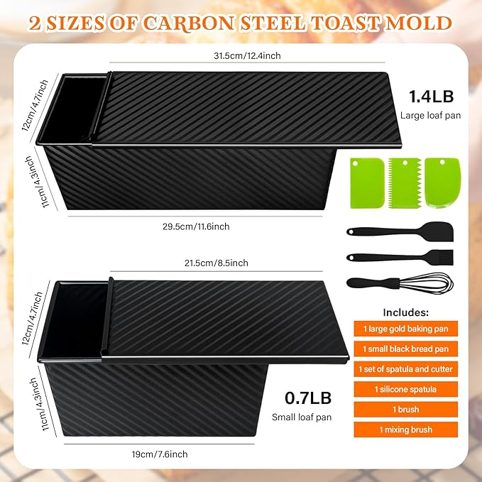 Pullman Loaf Pan Set with Lids – 2 Pack Nonstick Bread Pans for Baking, 2.2lb & 1lb Dough Capacity, Carbon Steel Sandwich Toast Mold for Shokupan, Pain de Mie & Sourdough with Baking Tools