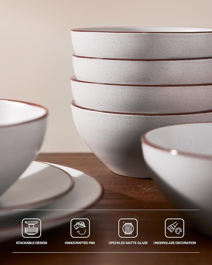 Famiware Venus Plates and Bowls Sets, 18 Pieces Stoneware Dinnerware Sets, Speckled Dishes Set for 6, Microwave and Dishwasher Safe, Matte Light Grey