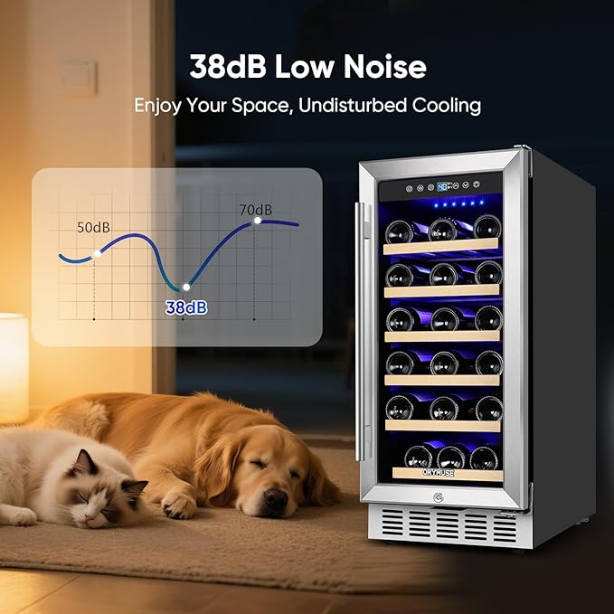 15 Inch Wine Cooler Under Counter, 30 Bottle Wine Fridge with Stainless Steel Glass Door, Built-In or Freestanding Wine Cellar with Removable Shelves and Digital Temperature Control
