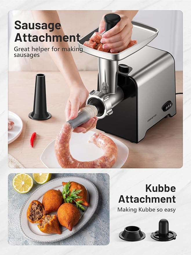 Electric Meat Grinder, Sausage Stuffer Maker 450W Food Grinder with Blade & 3 Plates, Sausage Stuffer Tubes & Kubbe Kit, Stainless Steel Meat Mincer Machine for Home Kitchen Use