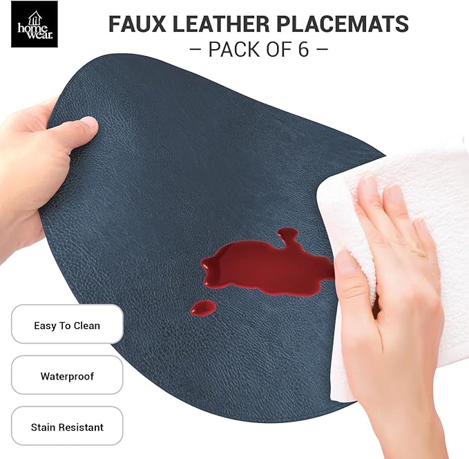 Morgan Faux Leather Set of 12 Placemats, 15" Round, Navy, Heat Resistant, Stain Resistant, Non-Slip, Reversible, Durable Table Mats for Kitchen, Dining Table, Indoor Washable Use