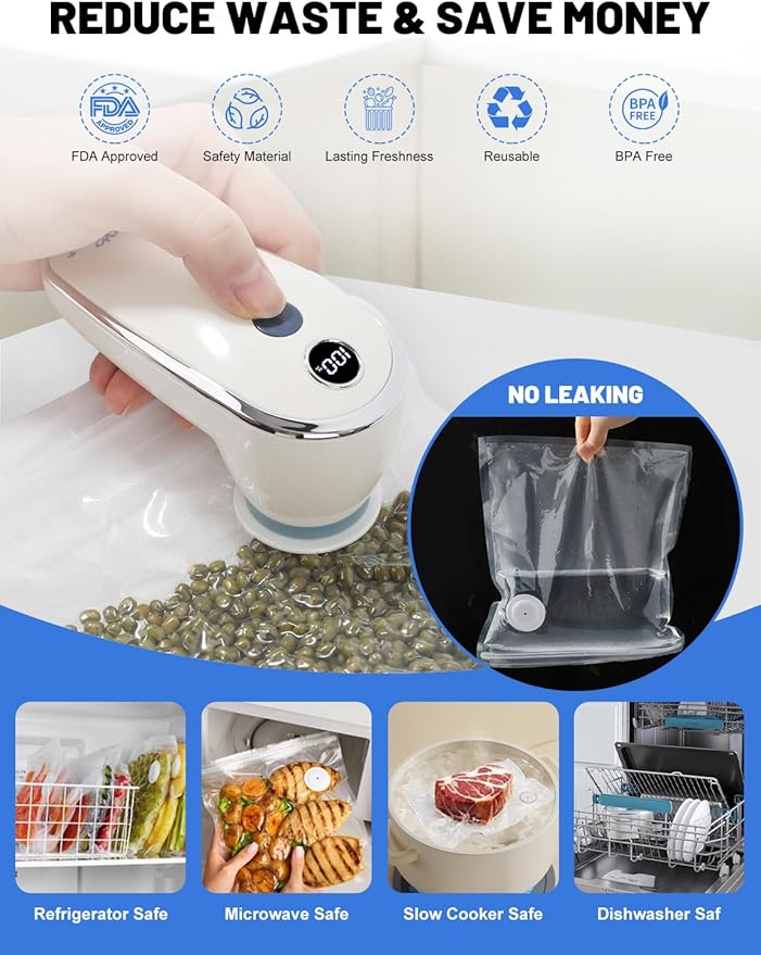 WanshengLe Handheld Vacuum Sealer for Food, Upgrade Cordless Compact Vacuum Sealer Machine, Portable Food Sealer with 30 Reusable Sous Vide Bags for Food Preservation, Fresh & Save Meal Prep
