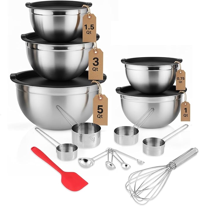 Vinod Cookware Heavy Duty Flat Bottom Stainless Steel Mixing Bowls with Lids, Measuring Cups, Measuring Spoons, Spatula & Stainless Whisk - Bowls for Meal Prep, Cooking, Mixing & Serving - Set of 5