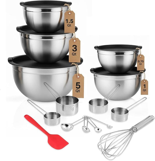 Vinod Cookware Heavy Duty Flat Bottom Stainless Steel Mixing Bowls with Lids, Measuring Cups, Measuring Spoons, Spatula & Stainless Whisk - Bowls for Meal Prep, Cooking, Mixing & Serving - Set of 5