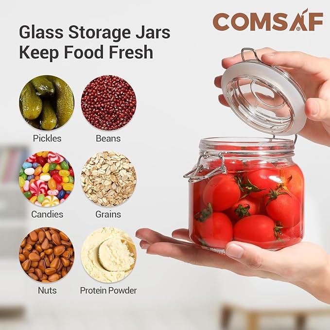 ComSaf 25oz Airtight Glass Canisters with Lids Set of 6, Square Food Storage Jar Container with Clamp Lids for Kitchen Canning Cereal Coffee Pasta Sugar Beans Spice, Clear Mason Jars with 12 Labels