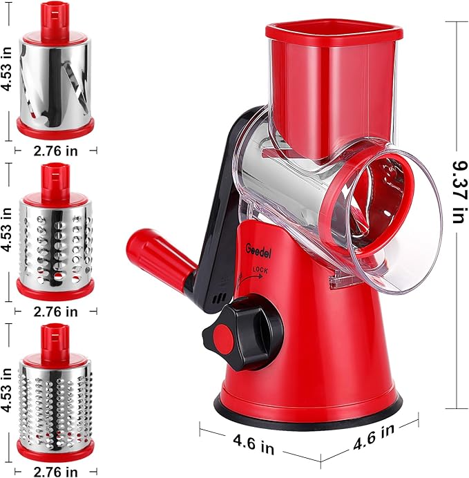 Geedel Rotary Cheese Grater, Kitchen Mandoline Vegetable Slicer with 3 Interchangeable Blades, Easy to Clean Grater for Fruit, Vegetables, Nuts