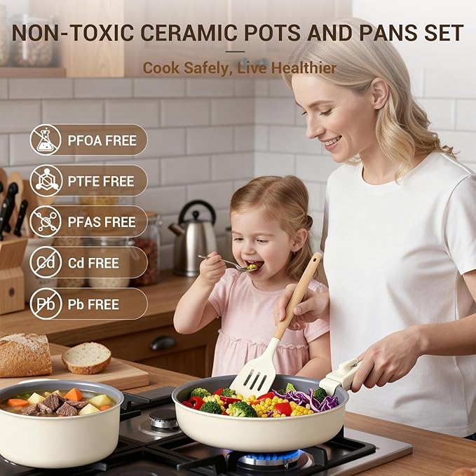 Ammeloo Ceramic Pots and Pans Set Non Stick, Non Toxic Cookware Set with Removable Handles, 18 Pcs Healthy Kitchen Cooking Set, Induction Ready, Dishwasher & Oven Safe, PFAS PFOA & PTFE Free