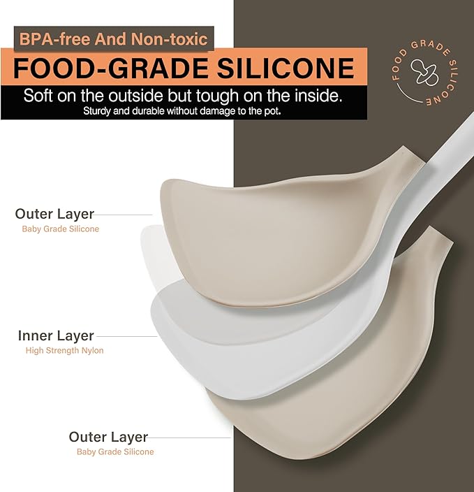 Silicone Cooking Utensils Set, Heat Resistance Large Kitchen Utensils Set with Long Wooden Handle, BPA-free Silicone Spatula, 6 Pcs Cooking Spoons for Non Stick Frying Pans and Pots(Khaki）