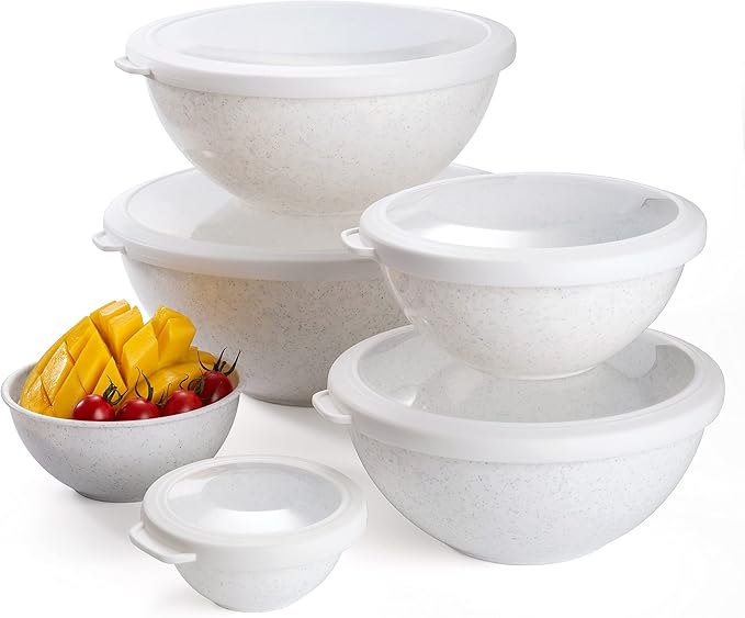 COOK WITH COLOR Mixing Bowls with TPR Lids - 12 Piece Plastic Nesting Bowls Set includes 6 Prep Bowls and 6 Lids, Microwave Safe Mixing Bowl Set (Speckled White)