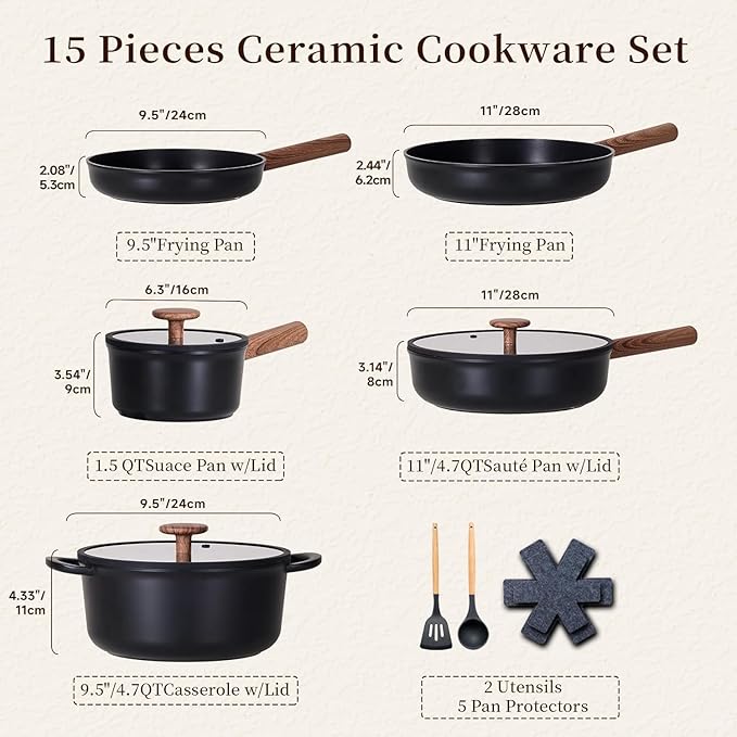 JEETEE Ceramic Cookware Set, 15 PCS Pots and Pans Set Non Stick with Removable Handles, Non Toxic Induction Kitchen Cookware Sets, Dishwasher/Oven Safe PFAS/PTFE/PFOA Free Black