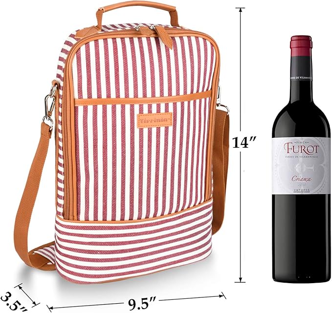 Tirrinia Insulated 2 Bottle Wine Gift Tote Bag - Wine Tumbler Glass Cooler Carrier for BYOB Restaurants, Wine Tasting, Travel, Park, Beach, Great Wine Lover Gift, Red Stripe