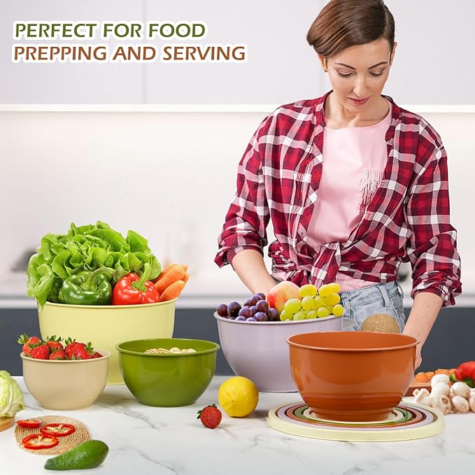 Plastic Mixing Bowls with Lids Set for Kitchen, Nesting Bowls for Mixing, Baking, Prepping, Cooking and Serving Food (5 Set-Olive green)