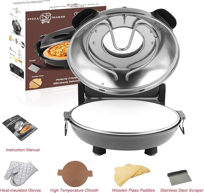 KLAIF 12" Electric Countertop Pizza Oven With Ceramic Stone, Dual Adjustable Temperature Controls, Includes 4 Pizza Tools (Grey)