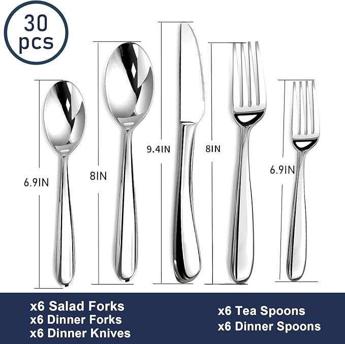 Heavy Duty Silverware Set for 6, 30 Piece Premium Stainless Steel Flatware Utensils Cutlery Set Including Steak Knife Fork and Spoon, Dishwasher Safe, Gift Package for Wedding Housewarming