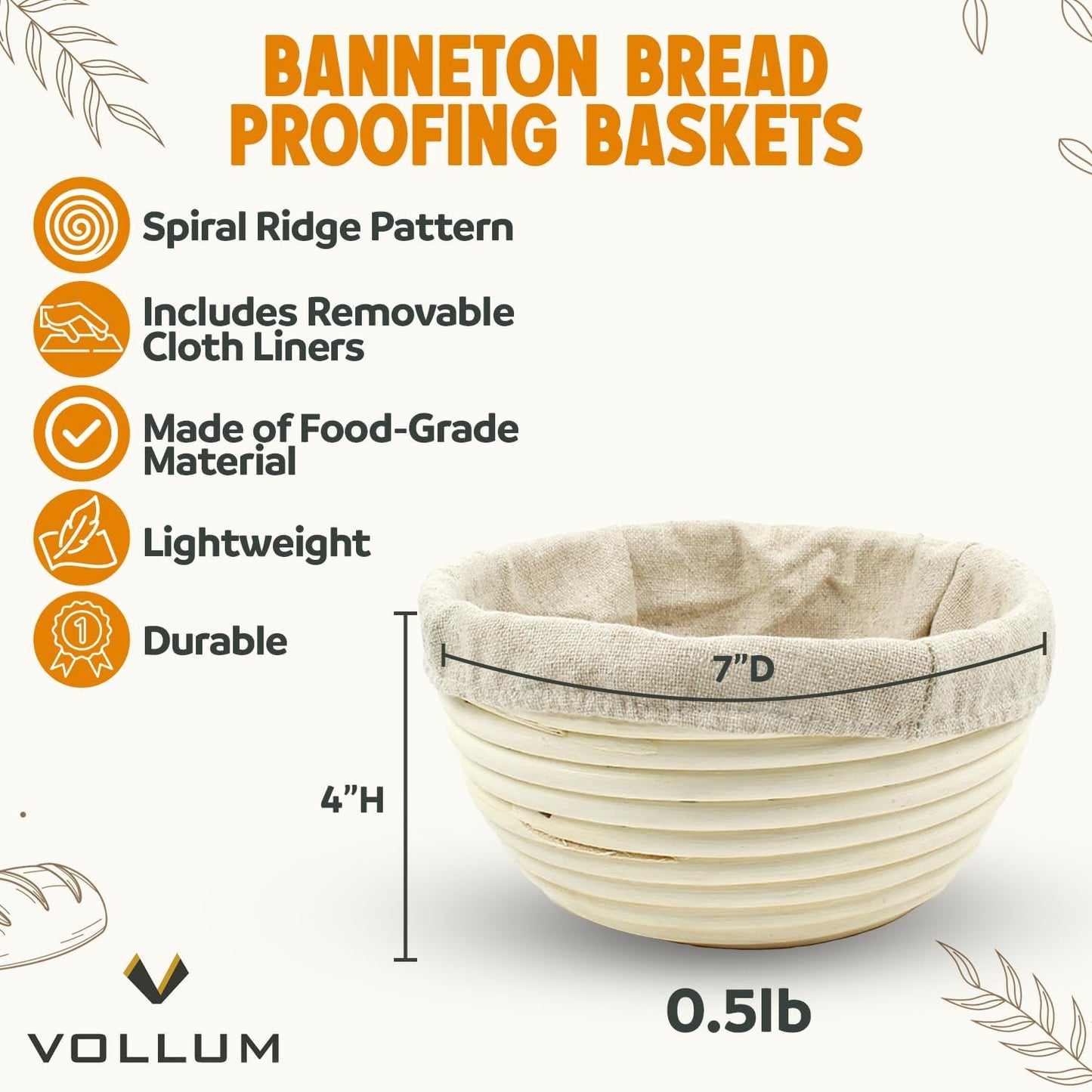 Banneton Bread Proofing Basket Sourdough Proofing Basket for Beginners & Professional Bakers, Handwoven Rattan Cane Bread Maker with Linen for Artisan Breads, 7 x 4 Inch, 0.5-Pound Round