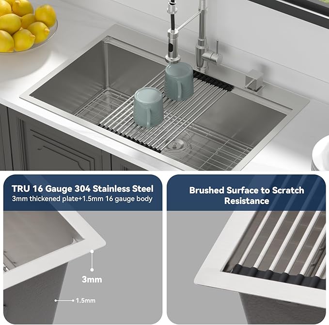 LORDEAR 30x22 Inch Drop In Kitchen Sink Stainless Steel Workstation Kitchen Sinks 16 Gauge Single Bowl Sink with Ledges 30 inch Topmount Kitchen Sinks Round Corners