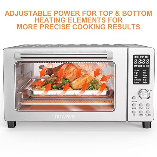 Nuwave Bravo Air Fryer Toaster Smart Oven, 10-in-1 Countertop Convection, 1800 Watts, 21-Qt Capacity, 50°-450°F Temp Controls, Top and Bottom Heater Adjustments 0%-100%, PFAS Free, Stainless Steel