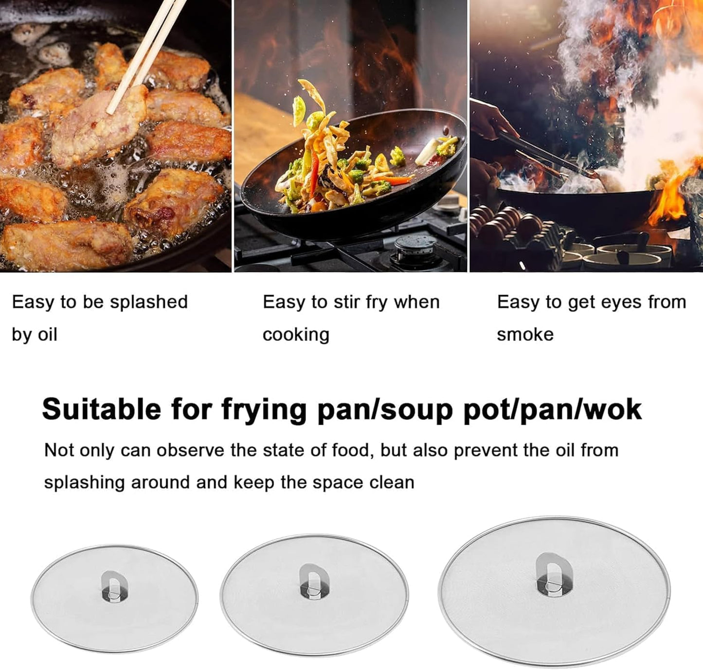 Homestia Splatter Screen for Kitchen, Stainless Steel Fine Mesh Splatter Screen for Frying Pan, 10, 13 Inch Grease Splatter Guard with Fold Flat Knob (2 Pieces)