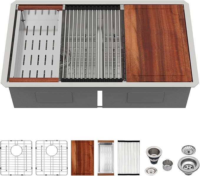 Logmey 33x19x9 Inch Double Bowl Undermount Stainless Steel Workstation Sink - 50/50 Divide, X-Shaped Drainage
