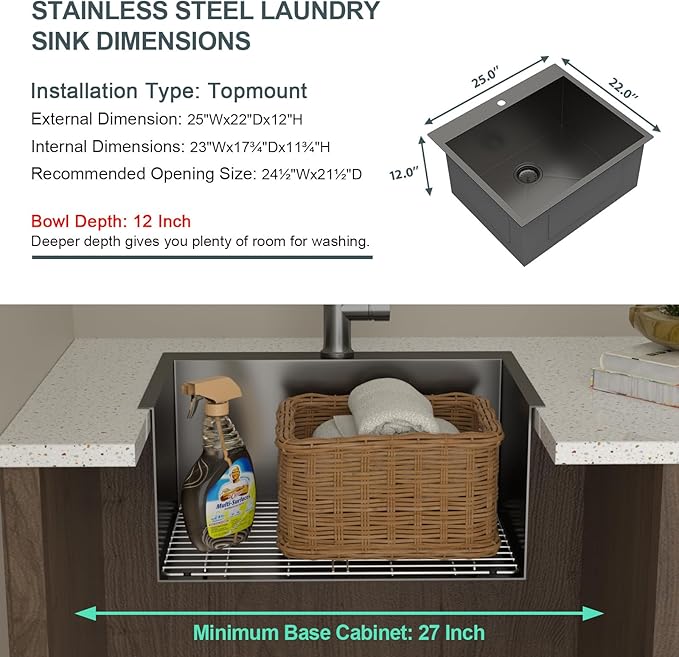 Lordear 25 Drop In Laundry Sink Black 25"x22"x12" Deep Laundry Utility Sinks Topmount Single Bowl Sink 16 Gauge Stainless Steel Laundry Room Sinks