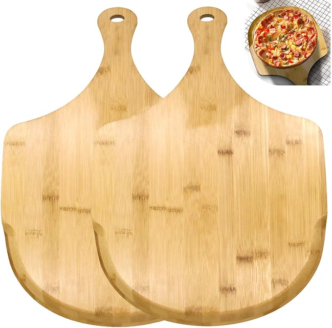 ZOENHOU 2 PCS 17 x 12 Inch Bamboo Pizza Peel, Pizza Board with Handle, Bamboo Cutting Board for Homemade Pizza Cheese Fruits Cake
