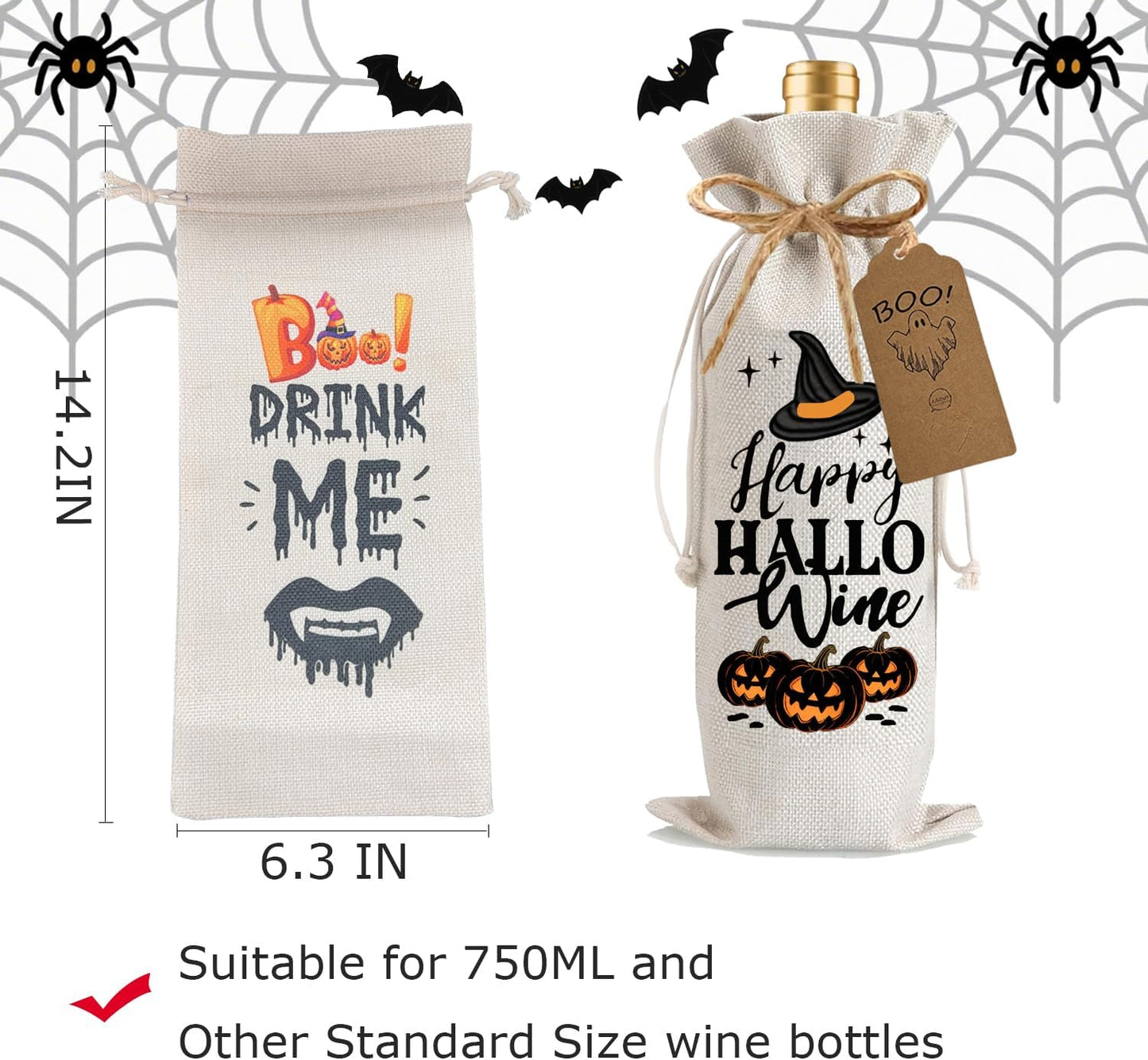 1Pcs Happy Hallo Gifts Wine Bag,Halloween Wine Bag Happy Hallo wine Halloween Gifts Party Decorations for Women Men with 1Pcs Kraft Blessing Cards and natural jute rope