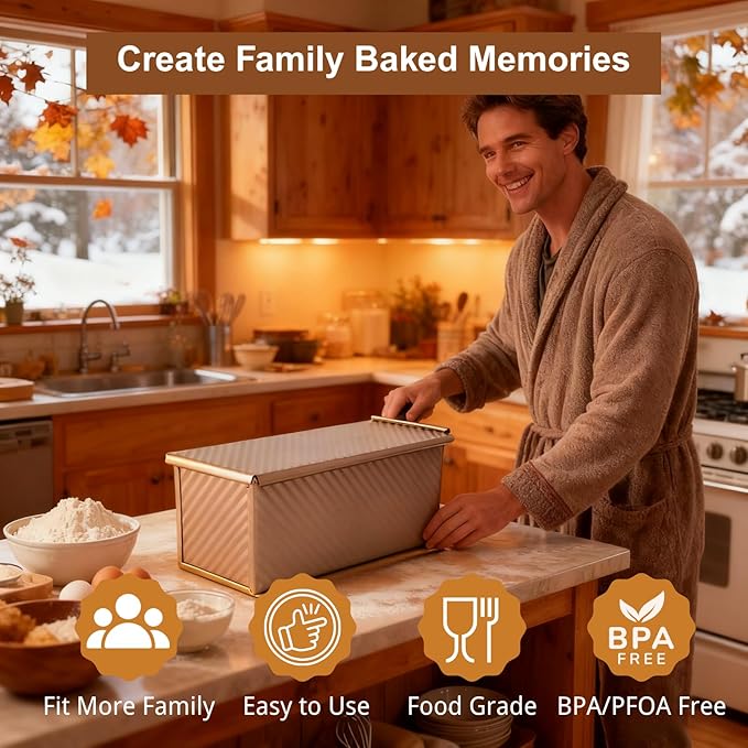 Pullman Loaf Pan with Lid, Pullman Loaf Pan 2.2 LB/1 LB, 2 Pack Nonstick Sandwich Bread Pan, for Bread, Sandwiches, and Toast, Golden, Deep Side and Corrugated