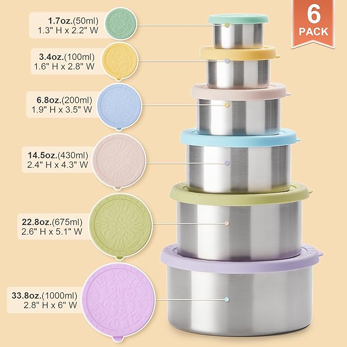 Stainless Steel Food Container, Set of 6, Nesting Bowls with Colorful Lids, stackable leakproof Metal Lunch Box Set for Kids, Daycare, School, Travel. Sauce Salad dressing Container to go (Serenity)