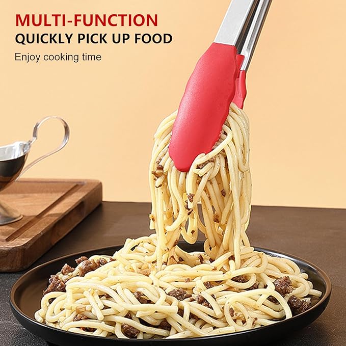 NileHome 4 Pack Silicone Spatula and Grilling Tongs Kitchen Utensils with Silicone Brush Heat Resistant BPA-free Rubber Spatula for Scraping, Baking, Cooking, Mixing-Red