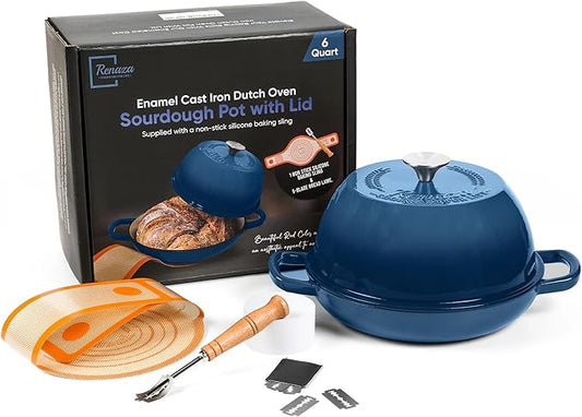 Enameled Cast Iron Dutch Oven Pot with Lid - Dutch Oven for Sourdough Bread Baking - With 5 Blade Bread Lame & Non-Stick Silicone Sling perfect for Sourdough Breads & more. Cast Iton Enamel Braiser Pan with Lid (BLUE, 6 Quart Sourdough Pot)