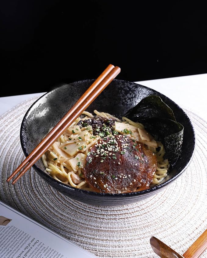 Kanwone Ceramic Japanese Ramen Bowl Set, Noodle Soup Bowls - 60 Ounce, with Matching Spoons and Chopsticks for Udon Soba Pho Asian Noodles, Set of 2, Black