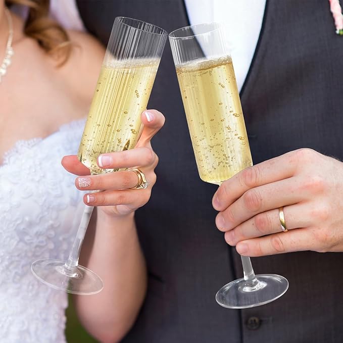 Topsky Ribbed Champagne Flutes, Set of 4, 8 oz Crystal Vintage Ridged Design, Clear Mimosa or Wedding Toasting Glasses