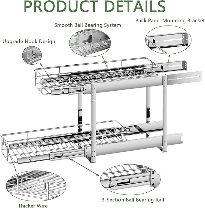 2 Tier Individual Pull Out Cabinet Organizer 7½" W x 21½" D, Heavy Duty Cabinet Pull Out Shelves, Slide Out Drawers Organization for Kitchen Cabinets Bathroom