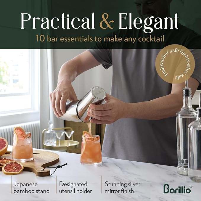 Barillio Elite Mixology Bartender Kit with Stand - Cocktail Shaker Set with Bamboo Stand, Boston Drink Shaker, Mojito Muddler, and Drink Mixer Spoon - 9-Piece Bar Tools Set - Bar Accessories for Home