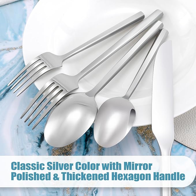 DEACORY Silverware Set Flatware Set Cutlery Set Stainless Steel Hexagon Handle Silver Mirror Finished 20 Pieces Service for 4