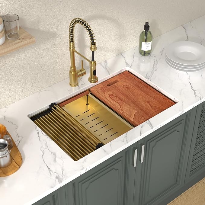 Lordear Gold Undermount Kitchen Sink Workstation 30 Inch Kitchen Sink 16 Gauge Stainless Steel Under Counter Sink Single Bowl Handmade Kitchen Sinks Basin 30x19x10 Inch