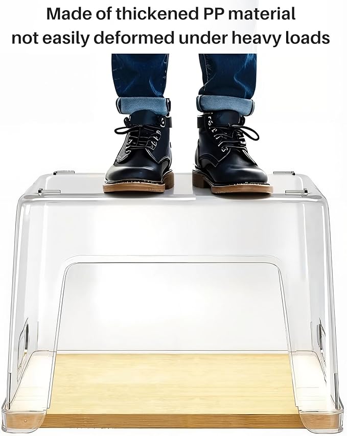 Potato Storage & Onion Storage Bins with Bamboo Lids, Stackable Clear Front-Open Pantry Organizers with Handles for Garlic and Produce, Kitchen Counter or Cabinet (4-Pack)